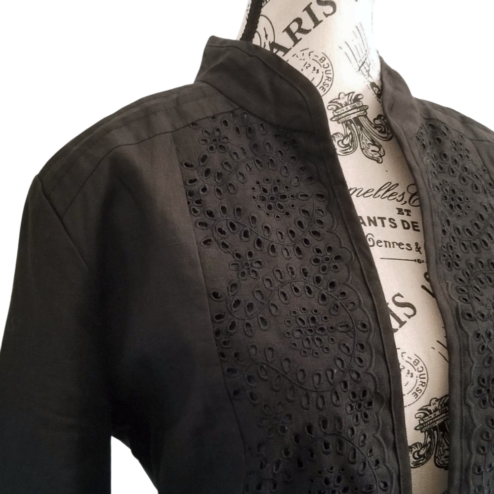 Anne Carson Black Linen Eyelets 3/4 Sleeves Jacket Mandarin Collar Size Large - Picture 4 of 7
